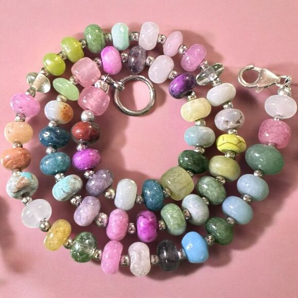 One of a Kind Handmade Genuine Gemstone  Turquoise Jade Ruby Zoisite Quartz 925 - Picture 1 of 5